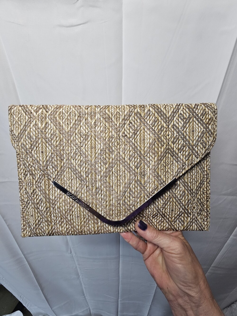 BCBG Woven Metallic Neutral Envelope Clutch